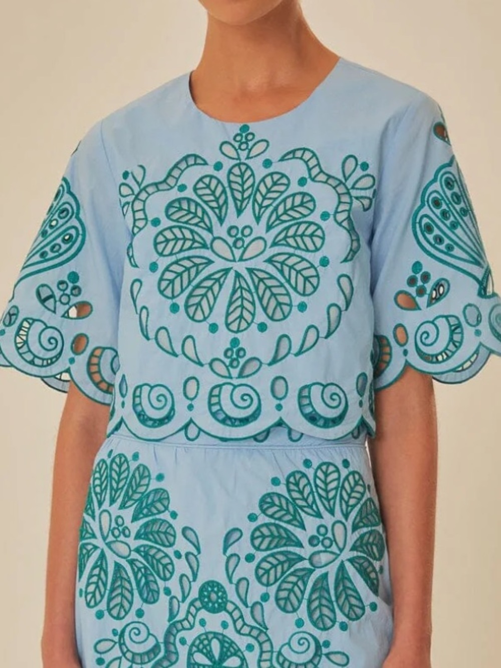 Farm Rio Light Blue & Green Graphic Richelieu Cropped Top SZ M